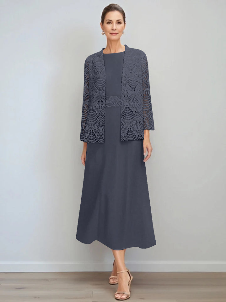 A-Line/Princess Jewel Neck Tea Length Mother of the Bride Dresses with Jacket & Lace