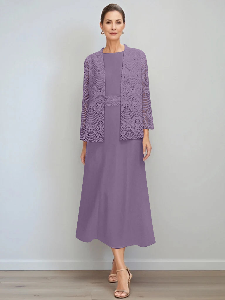 A-Line/Princess Jewel Neck Tea Length Mother of the Bride Dresses with Jacket & Lace