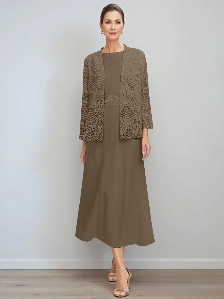 A-Line/Princess Jewel Neck Tea Length Mother of the Bride Dresses with Jacket & Lace