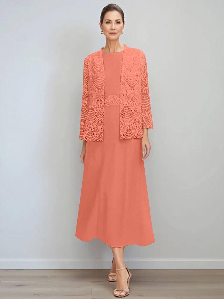 A-Line/Princess Jewel Neck Tea Length Mother of the Bride Dresses with Jacket & Lace
