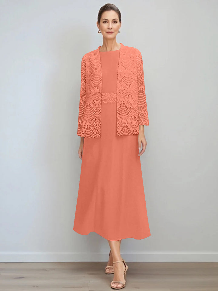 A-Line/Princess Jewel Neck Tea Length Mother of the Bride Dresses with Jacket & Lace