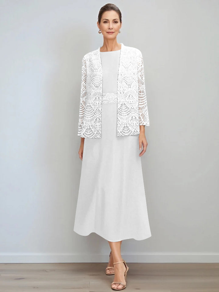 A-Line/Princess Jewel Neck Tea Length Mother of the Bride Dresses with Jacket & Lace