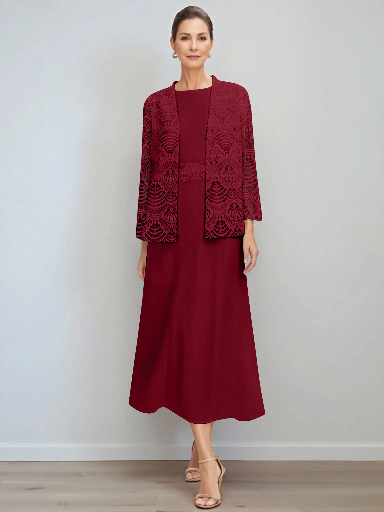 A-Line/Princess Jewel Neck Tea Length Mother of the Bride Dresses with Jacket & Lace