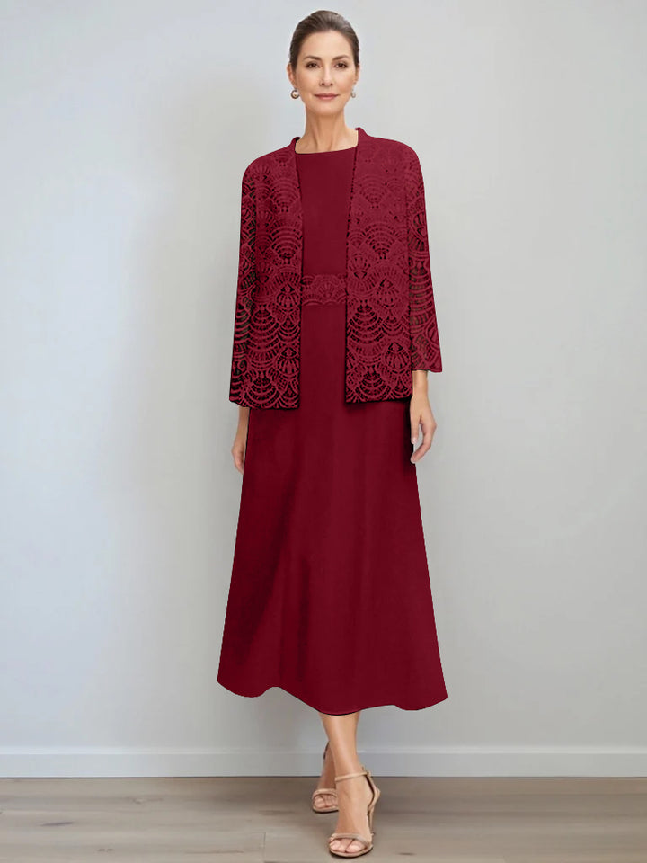 A-Line/Princess Jewel Neck Tea Length Mother of the Bride Dresses with Jacket & Lace