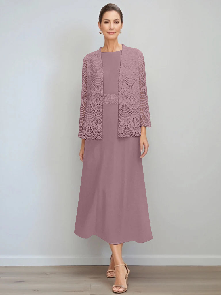 A-Line/Princess Jewel Neck Tea Length Mother of the Bride Dresses with Jacket & Lace