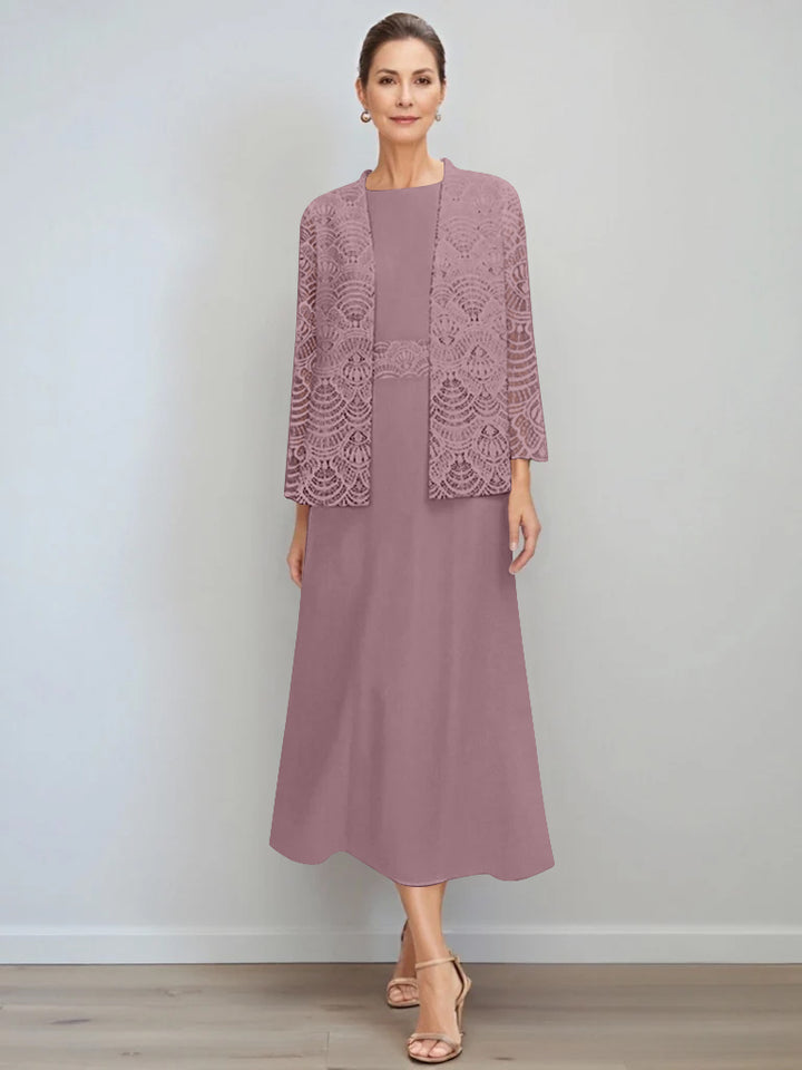 A-Line/Princess Jewel Neck Tea Length Mother of the Bride Dresses with Jacket & Lace