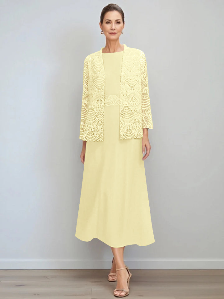A-Line/Princess Jewel Neck Tea Length Mother of the Bride Dresses with Jacket & Lace