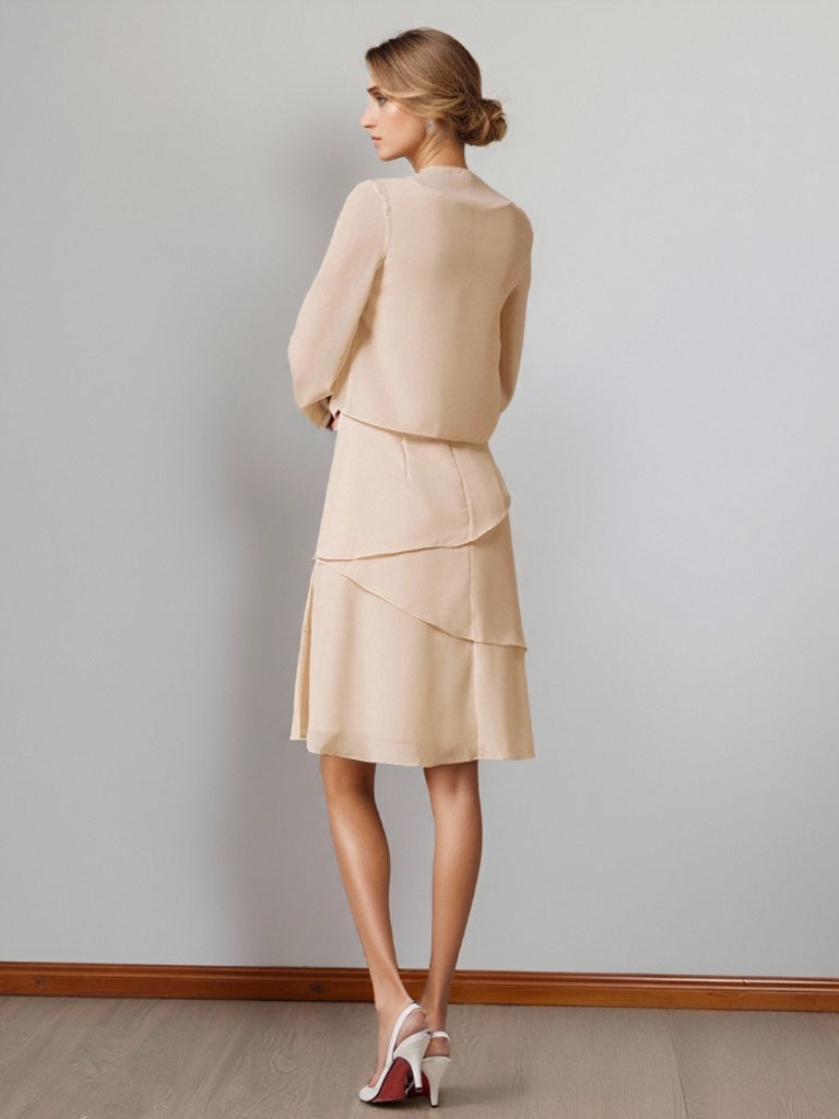 A-Line/Princess Scoop Neck Knee-Length Chiffon Mother of the Bride Dresses with Jacket & Ruffles