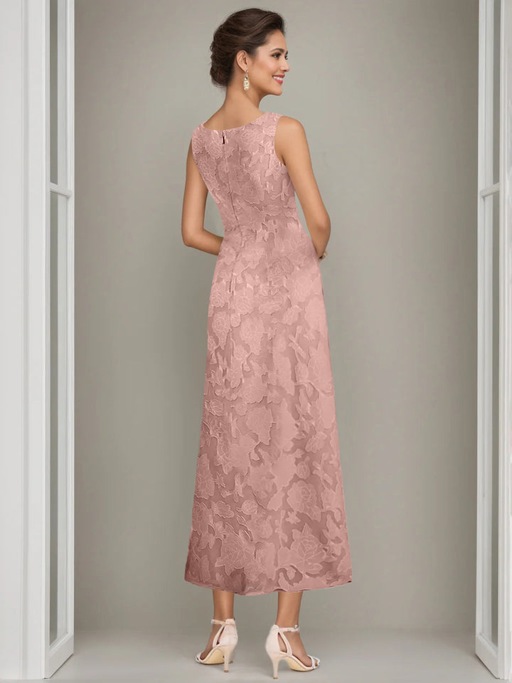 Sheath/Column Jewel Neck Tea-Length Rose Lace Applique Mother of the Bride Dresses with Jacket