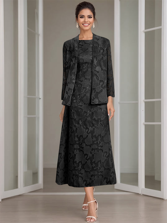 Sheath/Column Jewel Neck Tea-Length Rose Lace Applique Mother of the Bride Dresses with Jacket