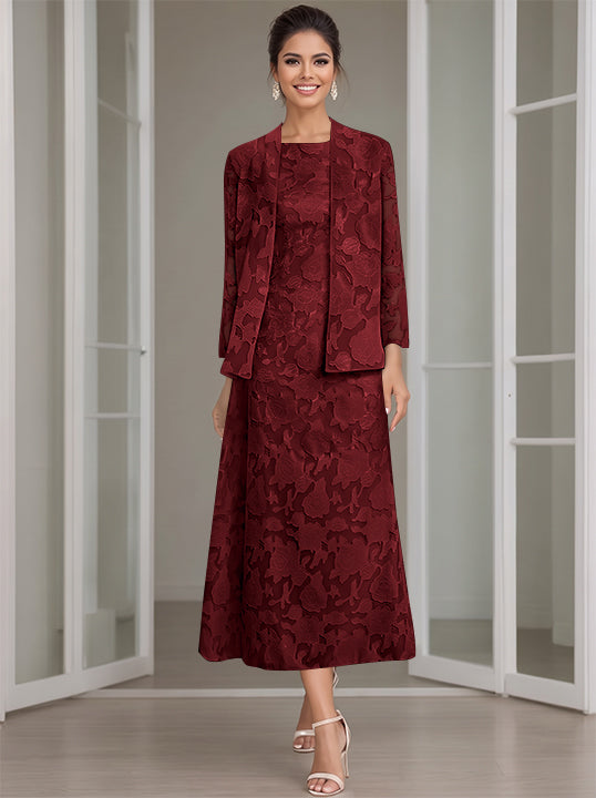 Sheath/Column Jewel Neck Tea-Length Rose Lace Applique Mother of the Bride Dresses with Jacket