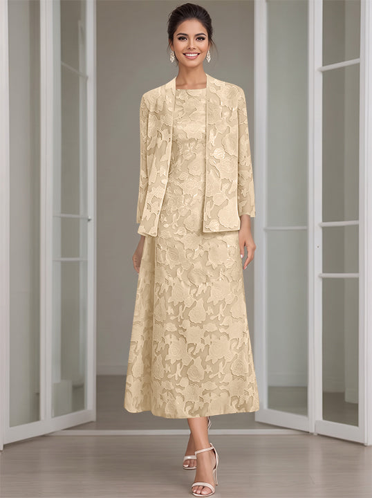 Sheath/Column Jewel Neck Tea-Length Rose Lace Applique Mother of the Bride Dresses with Jacket