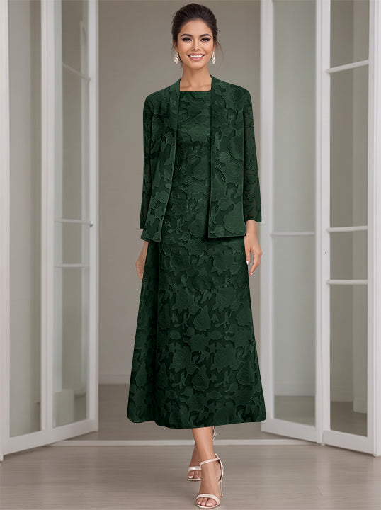 Sheath/Column Jewel Neck Tea-Length Rose Lace Applique Mother of the Bride Dresses with Jacket