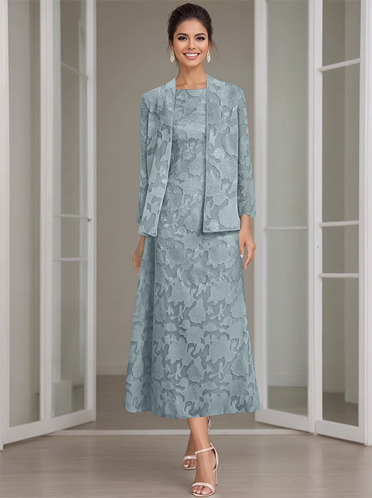 Sheath/Column Jewel Neck Tea-Length Rose Lace Applique Mother of the Bride Dresses with Jacket