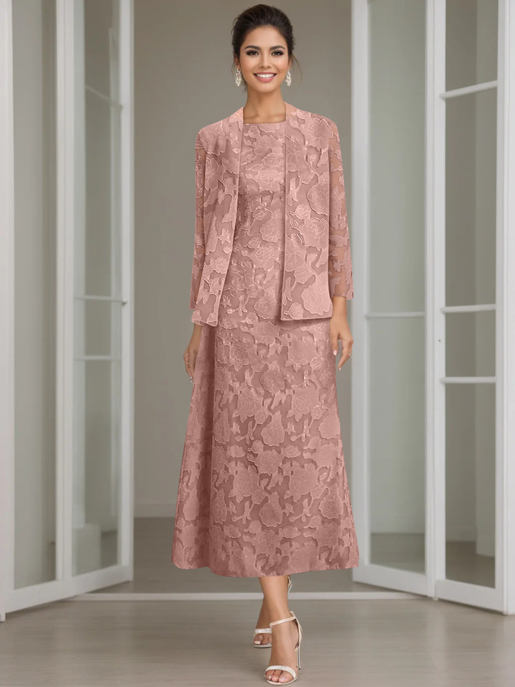 Sheath/Column Jewel Neck Tea-Length Rose Lace Applique Mother of