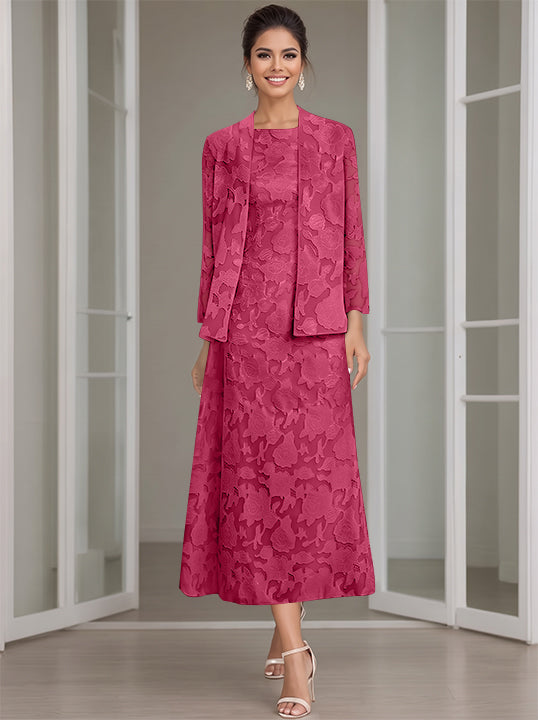 Sheath/Column Jewel Neck Tea-Length Rose Lace Applique Mother of the Bride Dresses with Jacket