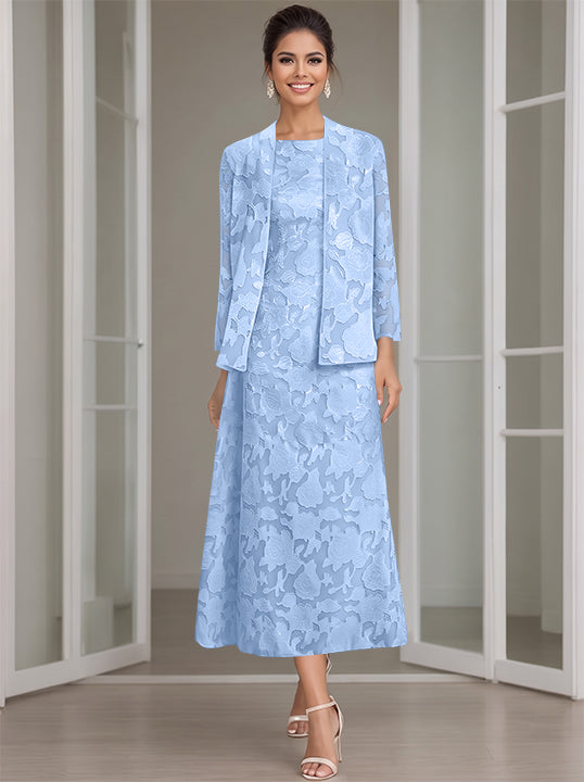 Sheath/Column Jewel Neck Tea-Length Rose Lace Applique Mother of the Bride Dresses with Jacket