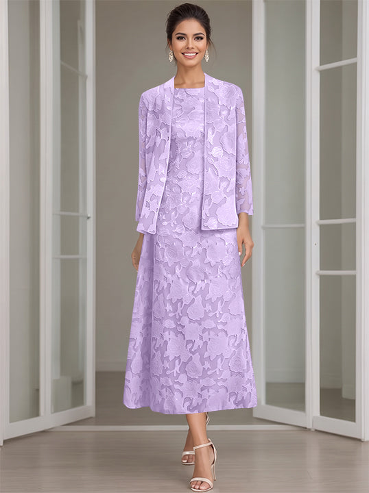 Sheath/Column Jewel Neck Tea-Length Rose Lace Applique Mother of the Bride Dresses with Jacket