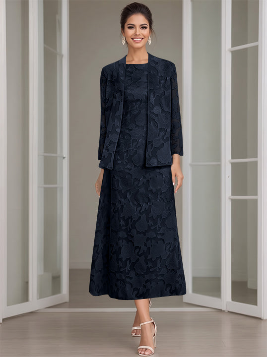 Sheath/Column Jewel Neck Tea-Length Rose Lace Applique Mother of the Bride Dresses with Jacket