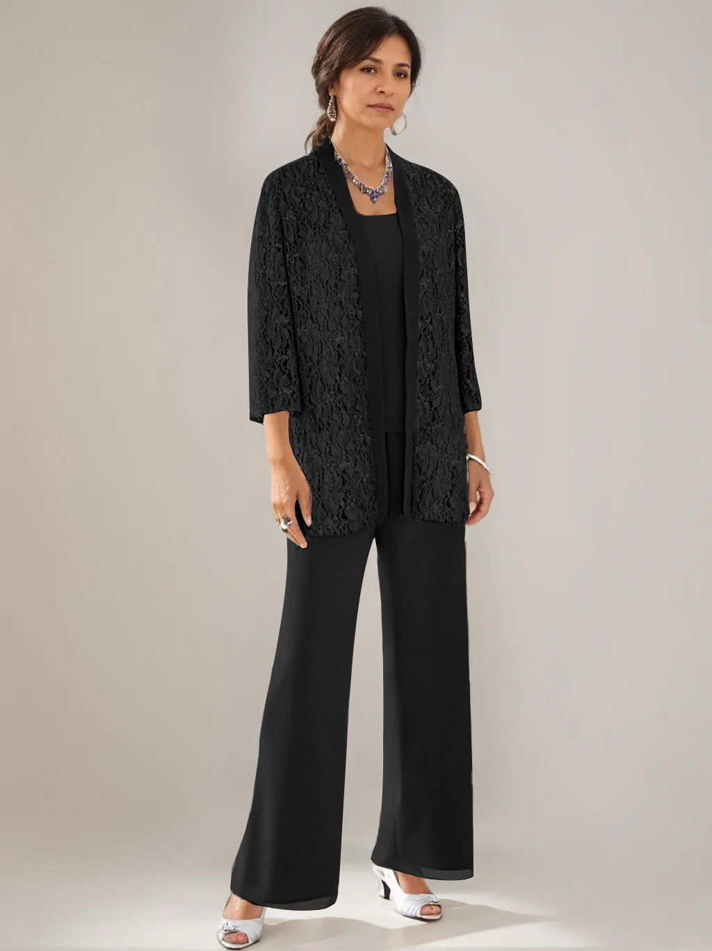 3 Pieces Scoop Neck 3/4 Sleeves Ankle-Length Mother of the Bride Pantsuits with Lace & Sequins & Jacket