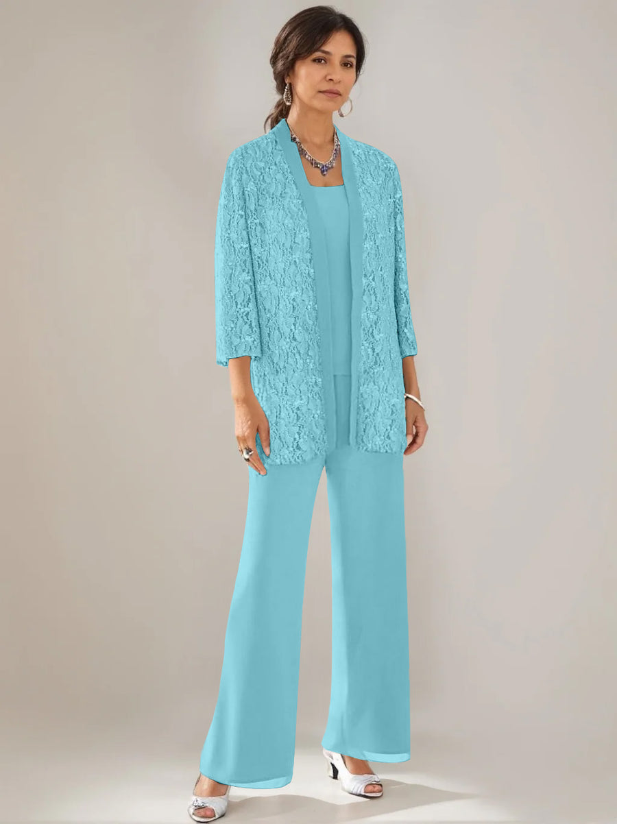3 Pieces Scoop Neck 3/4 Sleeves Ankle-Length Mother of the Bride Pantsuits with Lace & Sequins & Jacket