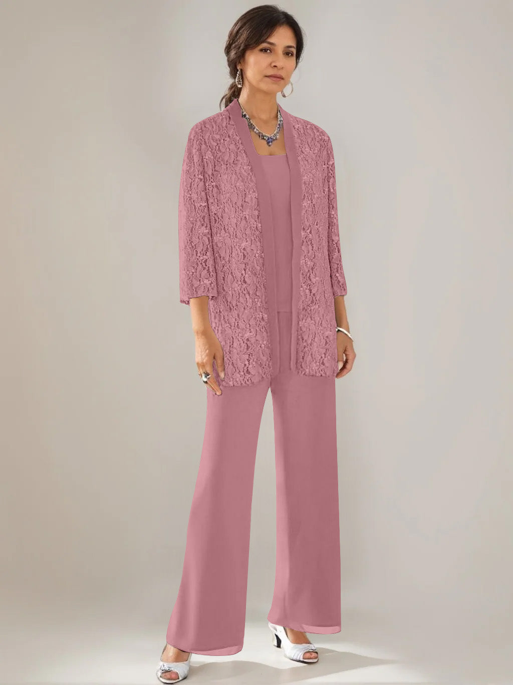 3 Pieces Scoop Neck 3/4 Sleeves Ankle-Length Mother of the Bride Pantsuits with Lace & Sequins & Jacket