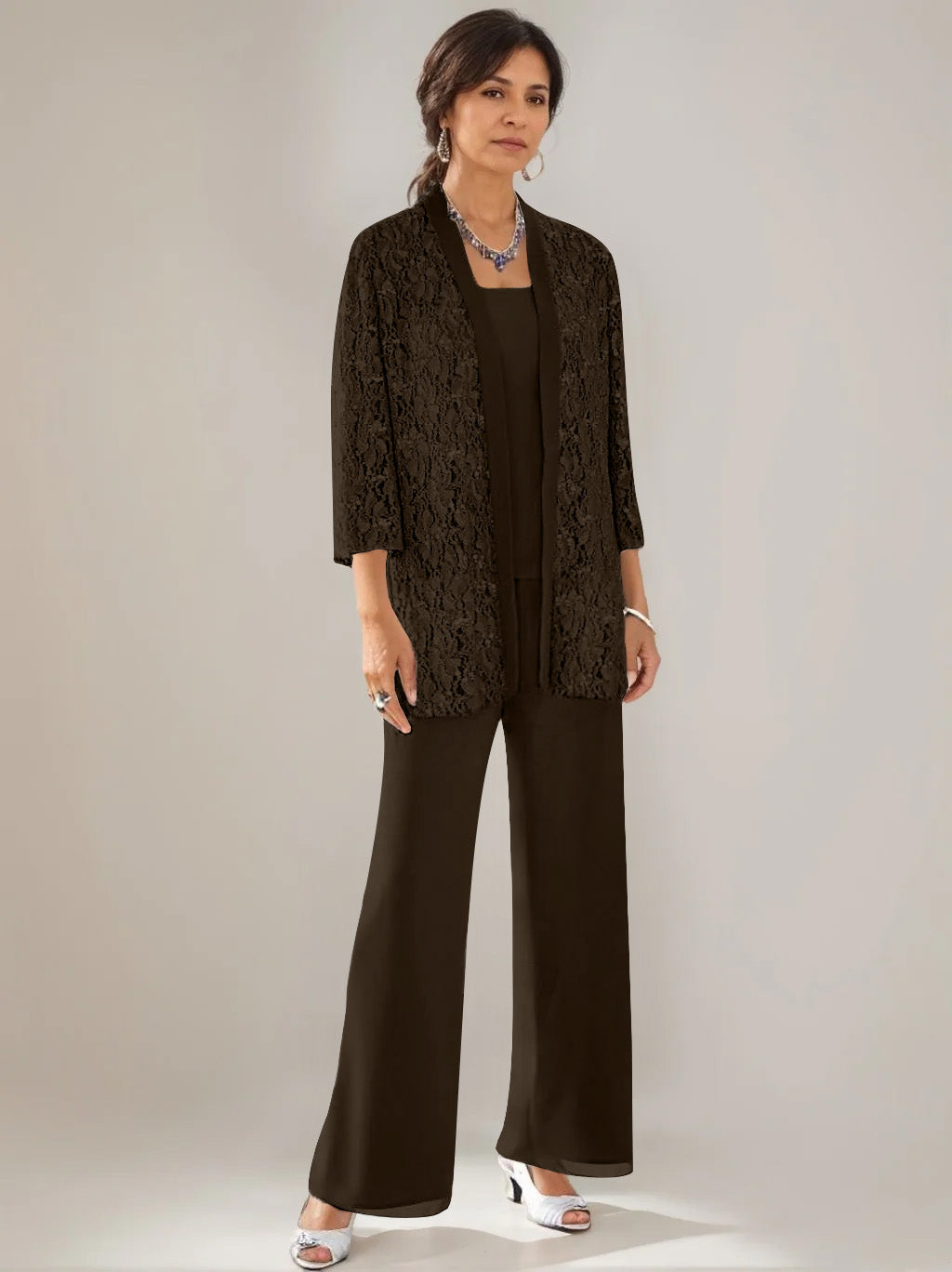 3 Pieces Scoop Neck 3/4 Sleeves Ankle-Length Mother of the Bride Pantsuits with Lace & Sequins & Jacket