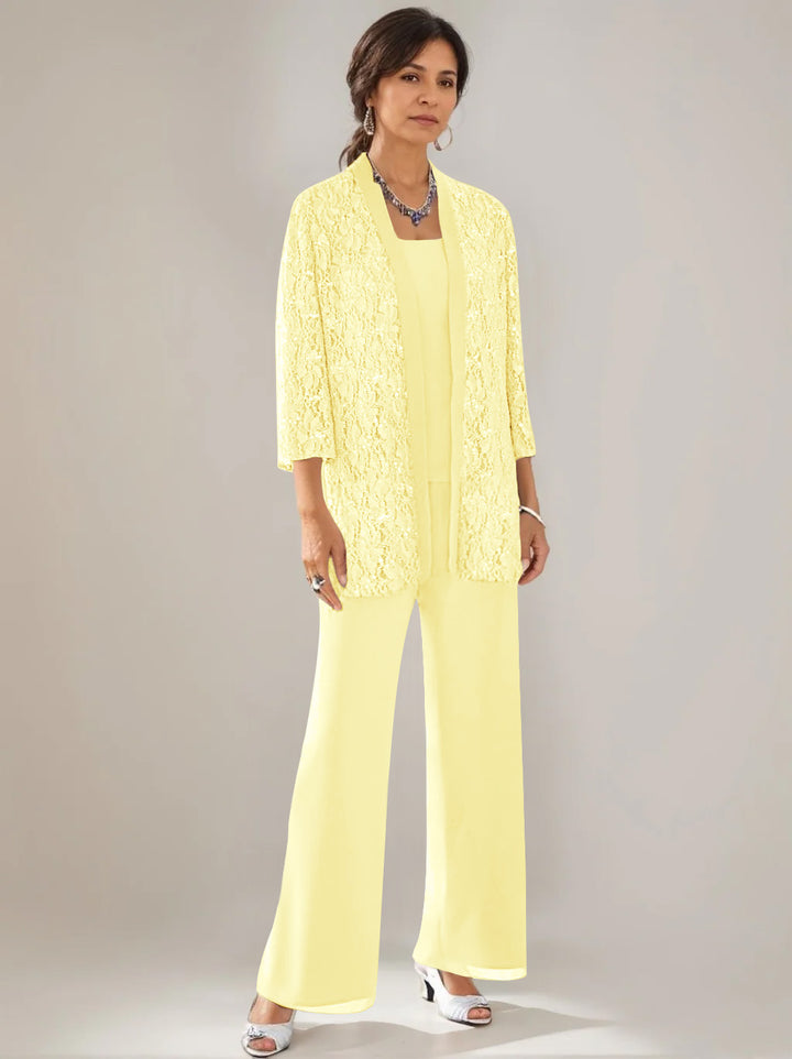 3 Pieces Scoop Neck 3/4 Sleeves Ankle-Length Mother of the Bride Pantsuits with Lace & Sequins & Jacket