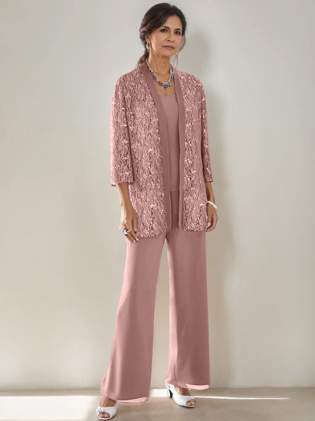 3 Pieces Scoop Neck 3/4 Sleeves Ankle-Length Mother of the Bride Pantsuits with Lace & Sequins & Jacket