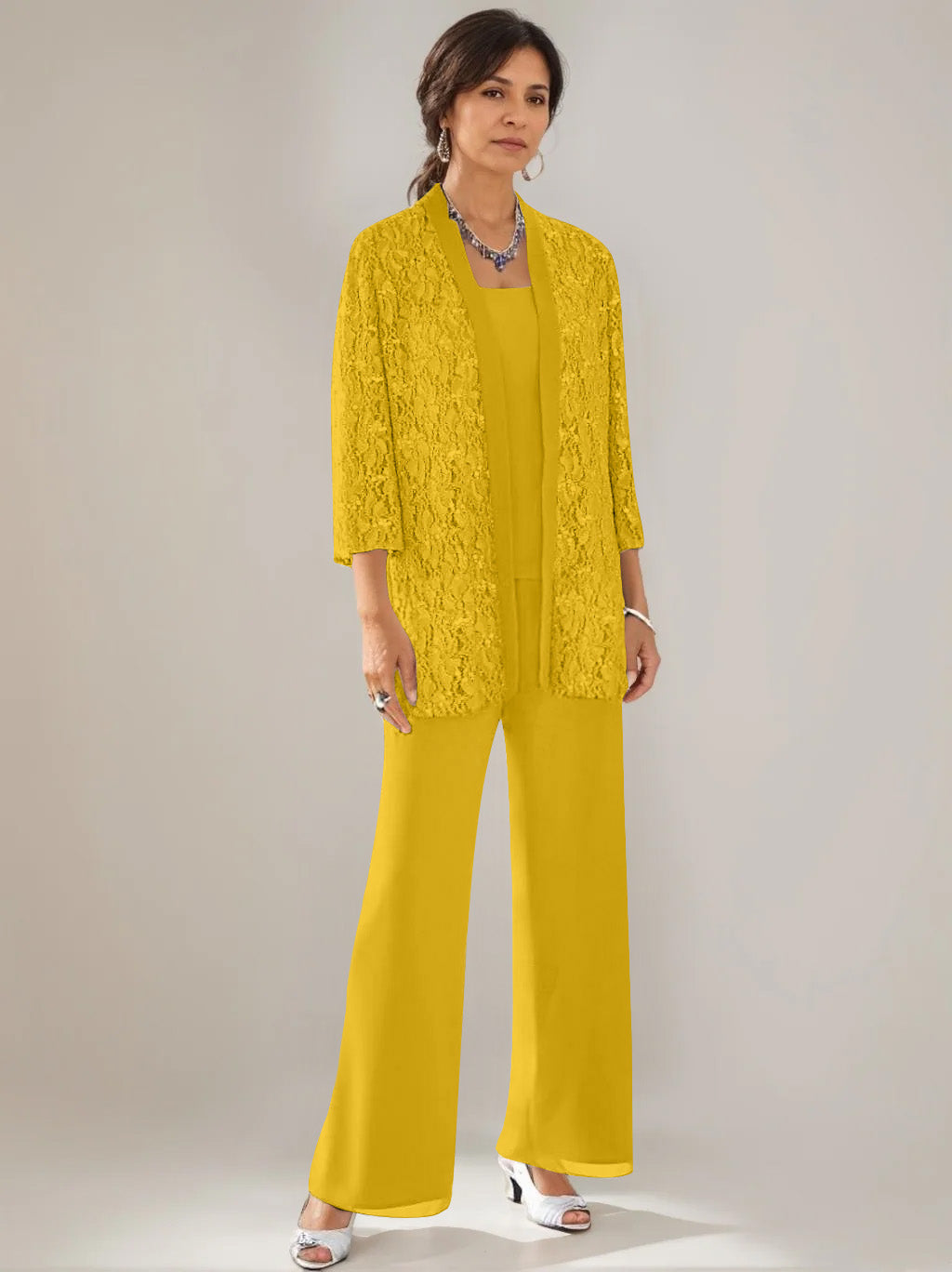 3 Pieces Scoop Neck 3/4 Sleeves Ankle-Length Mother of the Bride Pantsuits with Lace & Sequins & Jacket