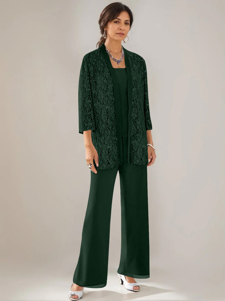 3 Pieces Scoop Neck 3/4 Sleeves Ankle-Length Mother of the Bride Pantsuits with Lace & Sequins & Jacket