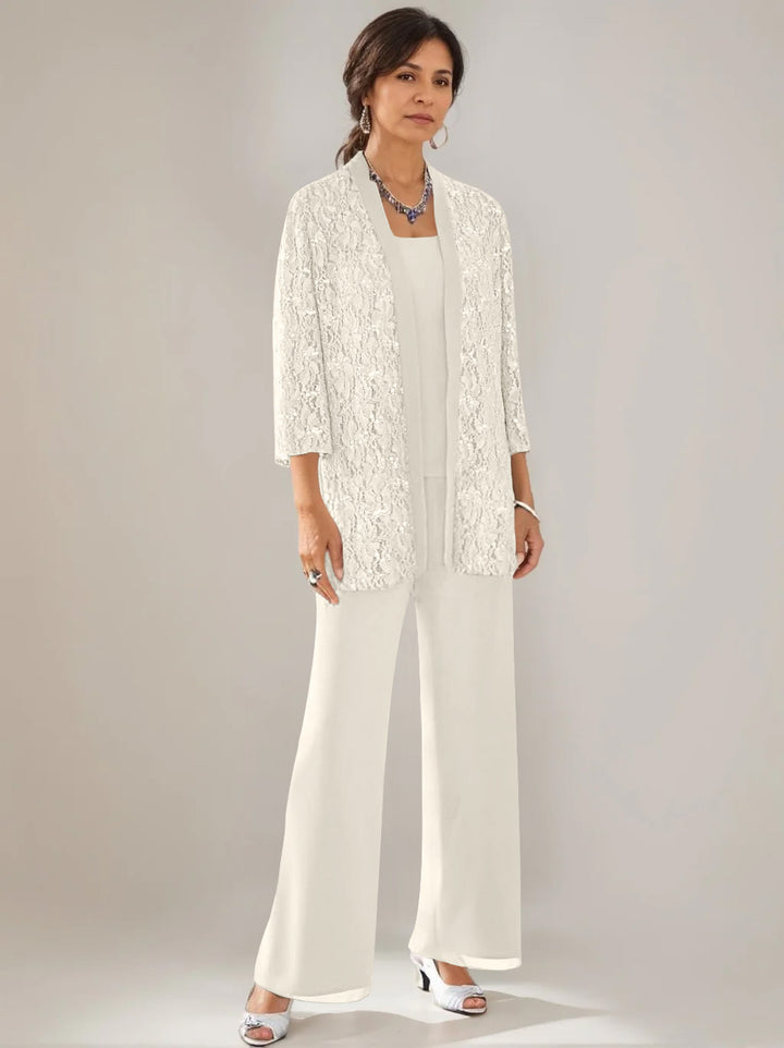 3 Pieces Scoop Neck 3/4 Sleeves Ankle-Length Mother of the Bride Pantsuits with Lace & Sequins & Jacket
