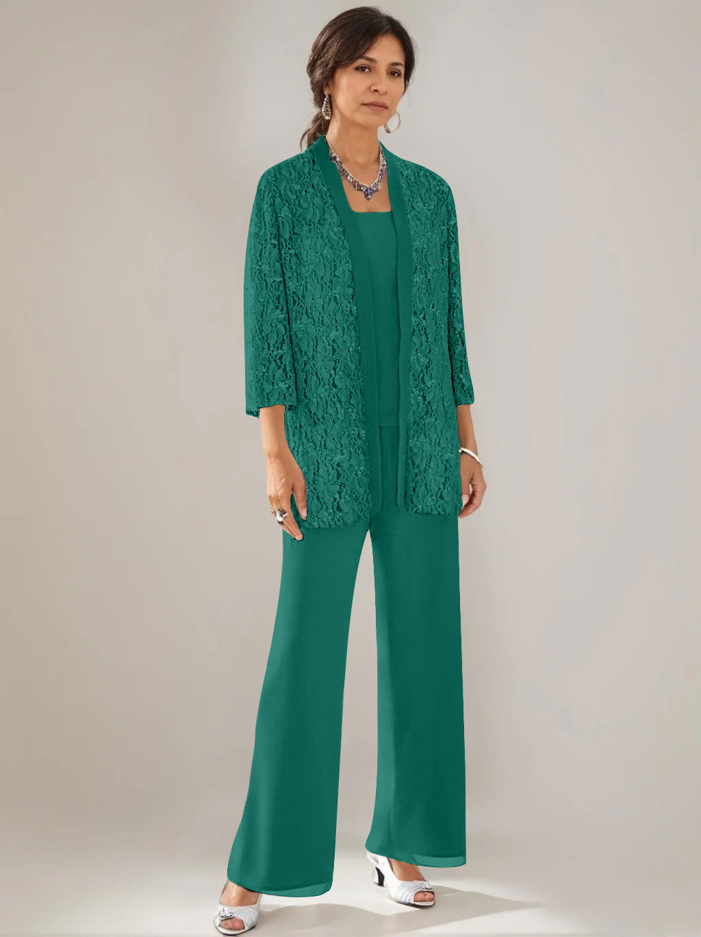 3 Pieces Scoop Neck 3/4 Sleeves Ankle-Length Mother of the Bride Pantsuits with Lace & Sequins & Jacket