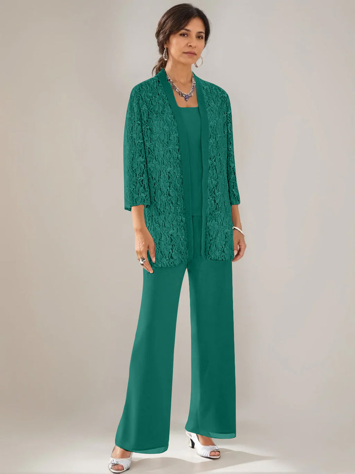 3 Pieces Scoop Neck 3/4 Sleeves Ankle-Length Mother of the Bride Pantsuits with Lace & Sequins & Jacket