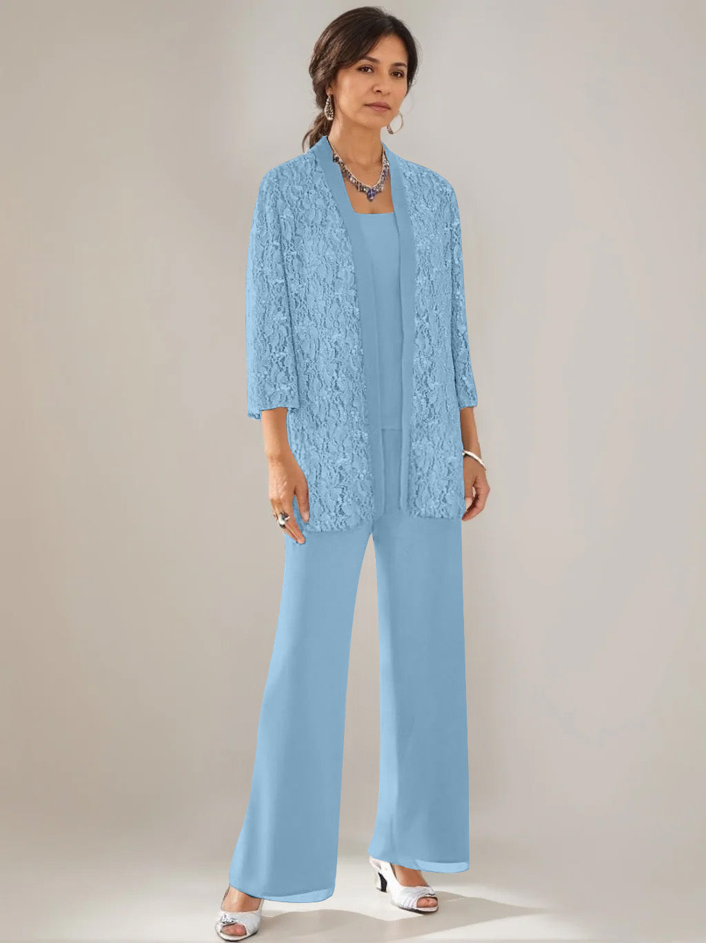 3 Pieces Scoop Neck 3/4 Sleeves Ankle-Length Mother of the Bride