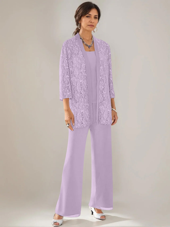 3 Pieces Scoop Neck 3/4 Sleeves Ankle-Length Mother of the Bride Pantsuits with Lace & Sequins & Jacket