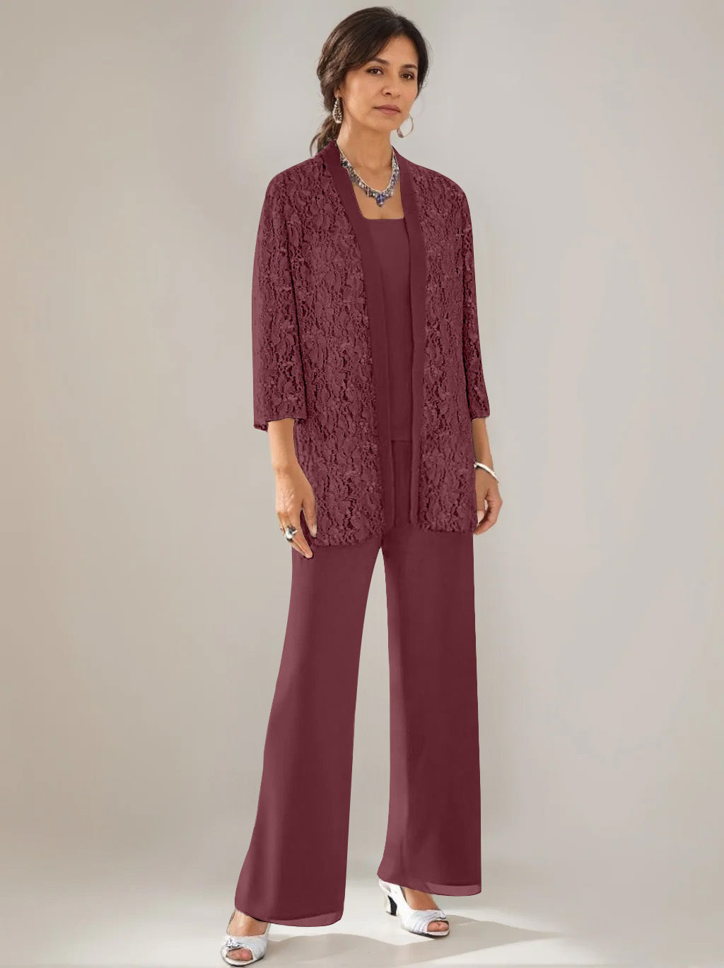 3 Pieces Scoop Neck 3/4 Sleeves Ankle-Length Mother of the Bride Pantsuits with Lace & Sequins & Jacket