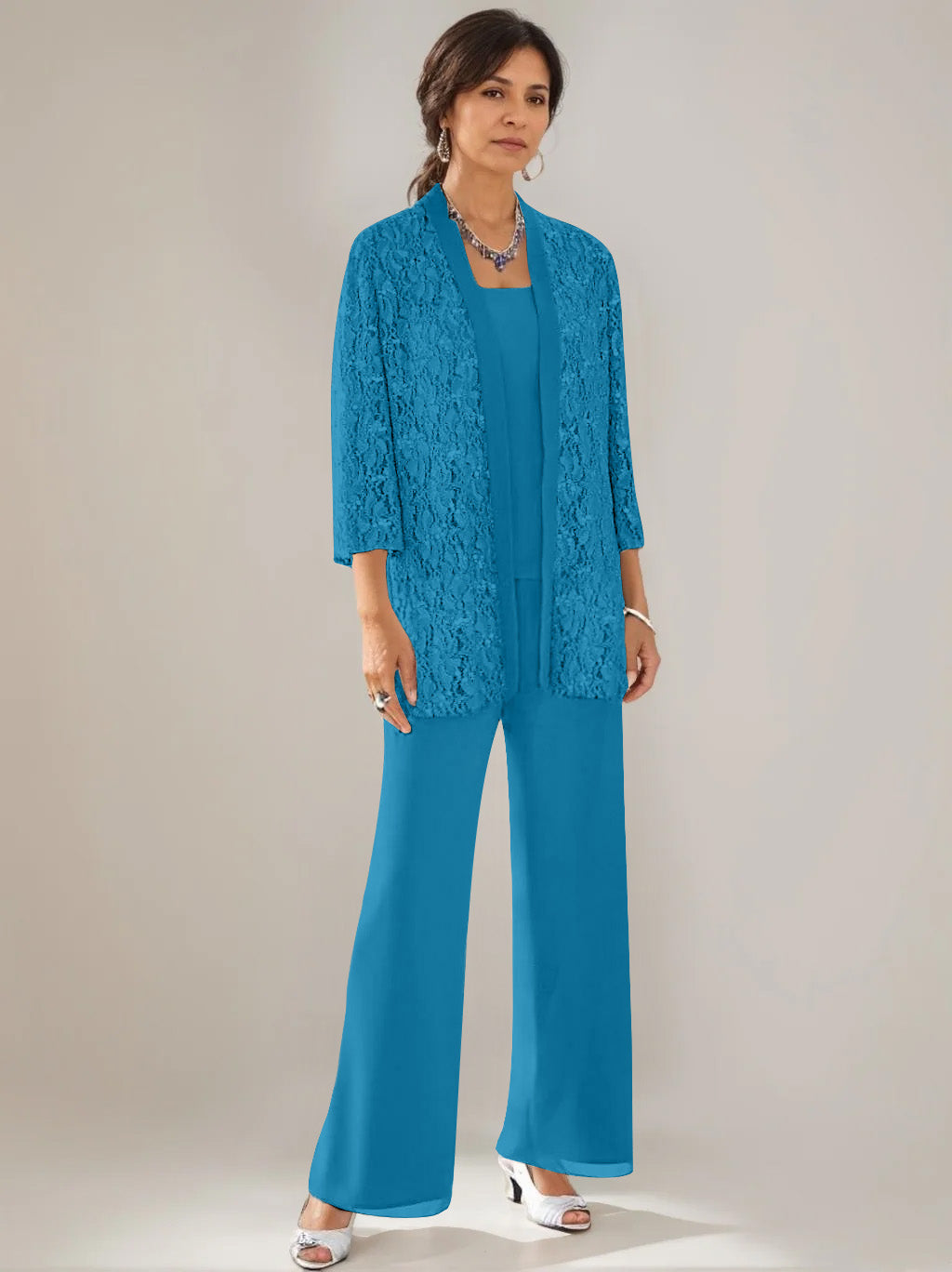 3 Pieces Scoop Neck 3/4 Sleeves Ankle-Length Mother of the Bride Pantsuits with Lace & Sequins & Jacket