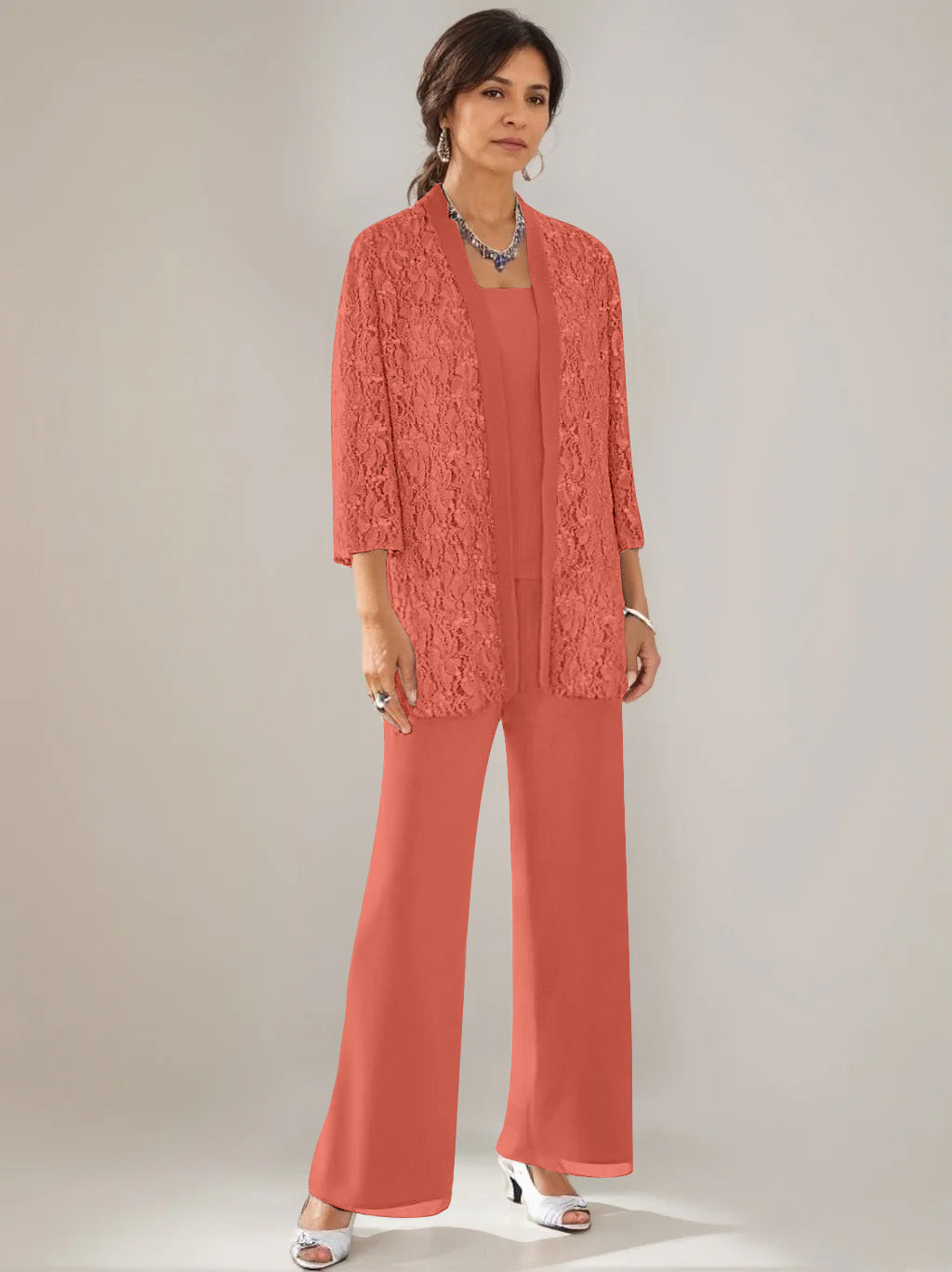 3 Pieces Scoop Neck 3/4 Sleeves Ankle-Length Mother of the Bride Pantsuits with Lace & Sequins & Jacket