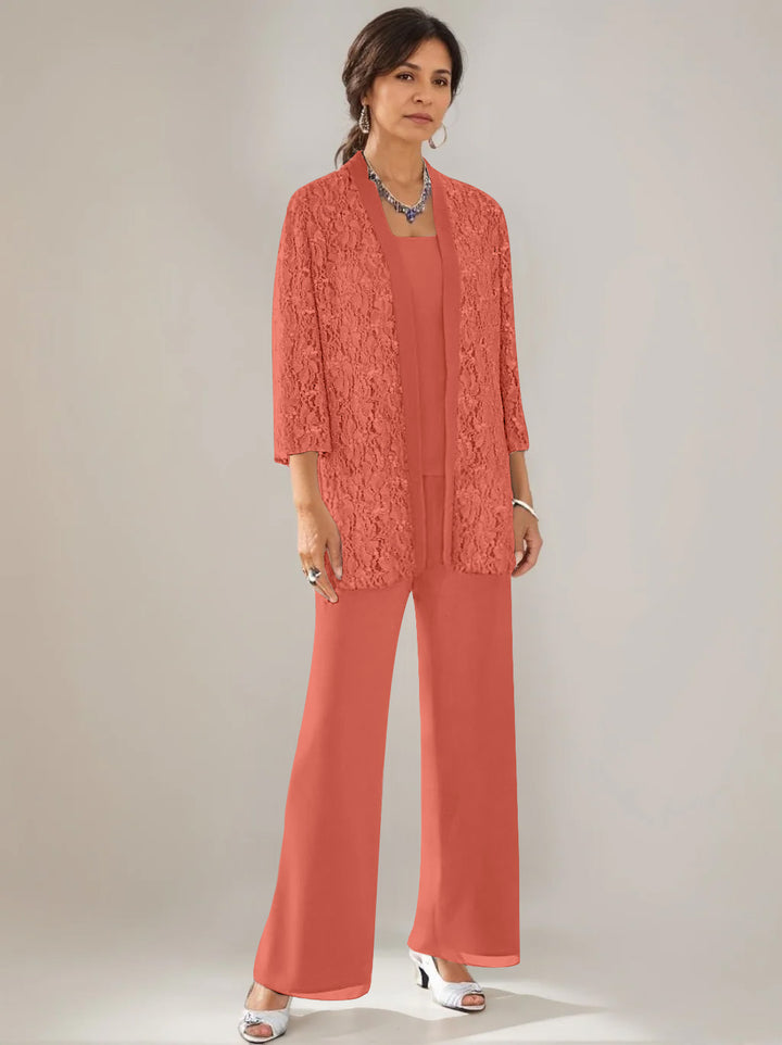 3 Pieces Scoop Neck 3/4 Sleeves Ankle-Length Mother of the Bride Pantsuits with Lace & Sequins & Jacket