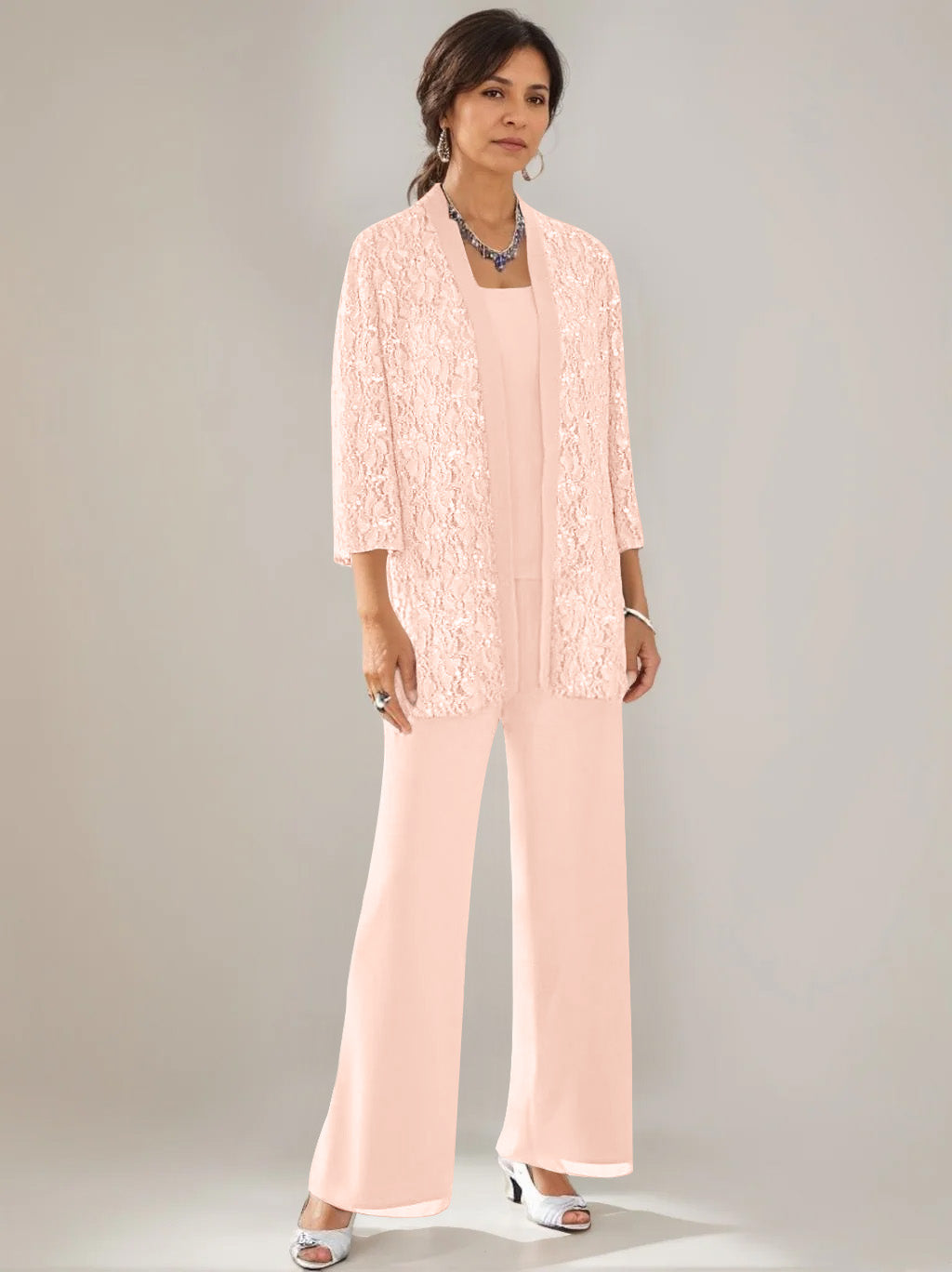 3 Pieces Scoop Neck 3/4 Sleeves Ankle-Length Mother of the Bride Pantsuits with Lace & Sequins & Jacket