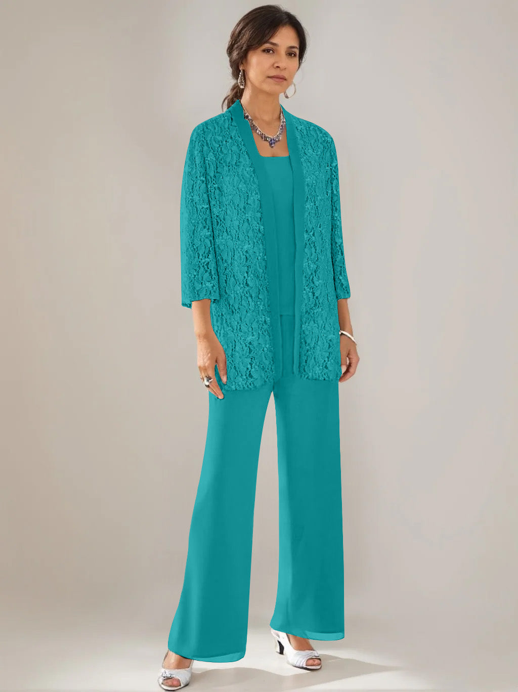 3 Pieces Scoop Neck 3/4 Sleeves Ankle-Length Mother of the Bride Pantsuits with Lace & Sequins & Jacket