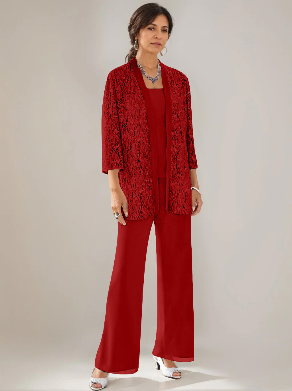 3 Pieces Scoop Neck 3/4 Sleeves Ankle-Length Mother of the Bride Pantsuits with Lace & Sequins & Jacket
