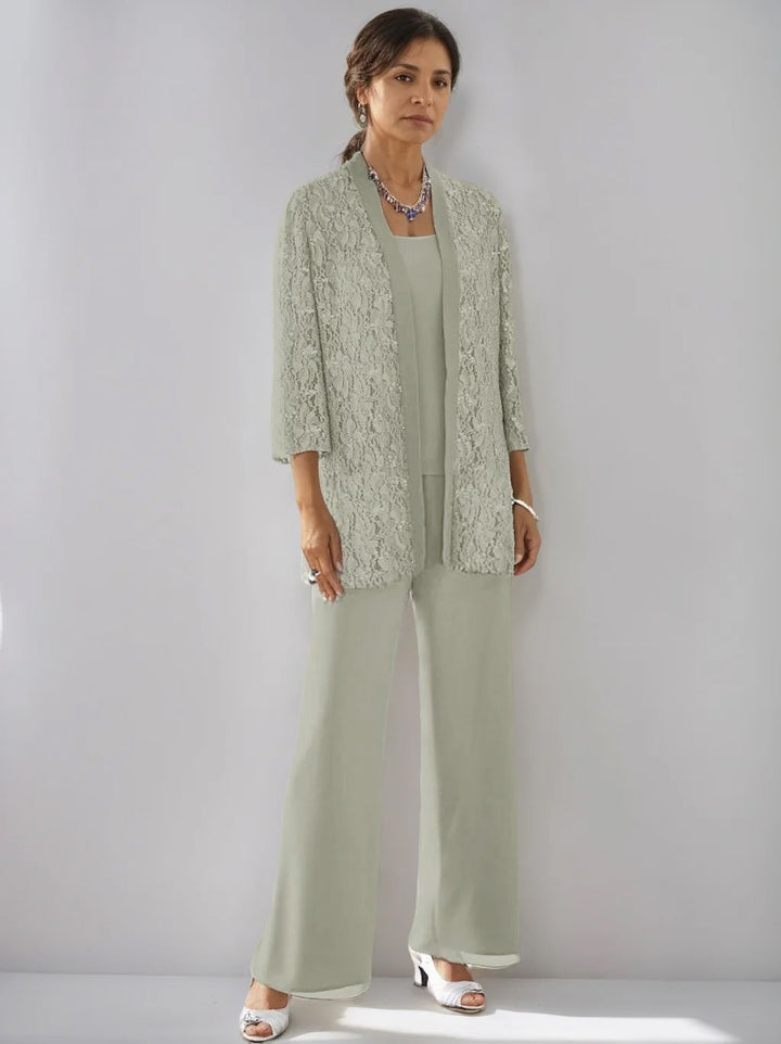 3 Pieces Scoop Neck 3/4 Sleeves Ankle-Length Mother of the Bride Pantsuits with Lace & Sequins & Jacket