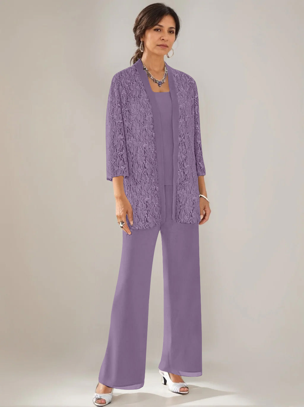 3 Pieces Scoop Neck 3/4 Sleeves Ankle-Length Mother of the Bride Pantsuits with Lace & Sequins & Jacket