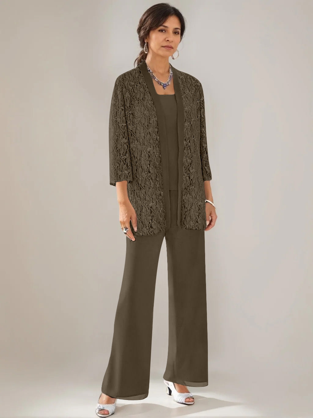 3 Pieces Scoop Neck 3/4 Sleeves Ankle-Length Mother of the Bride Pantsuits with Lace & Sequins & Jacket