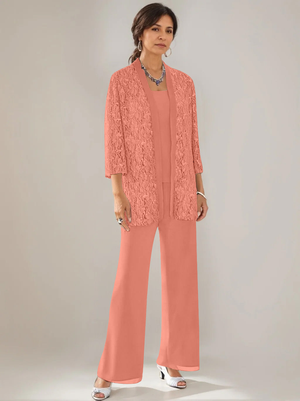 3 Pieces Scoop Neck 3/4 Sleeves Ankle-Length Mother of the Bride Pantsuits with Lace & Sequins & Jacket