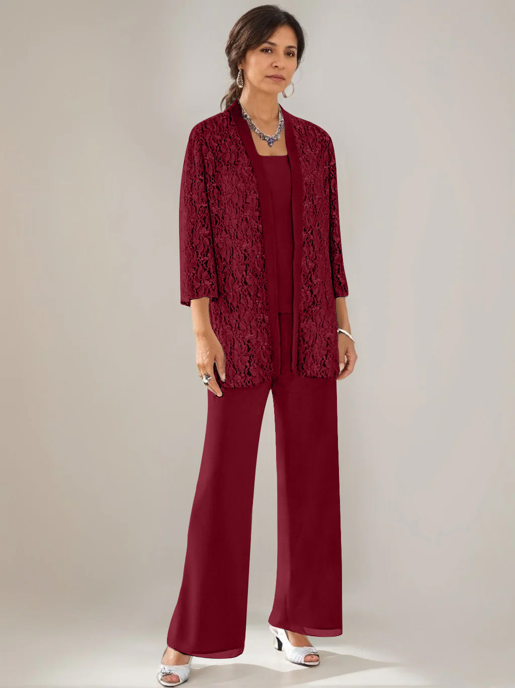 3 Pieces Scoop Neck 3/4 Sleeves Ankle-Length Mother of the Bride Pantsuits with Lace & Sequins & Jacket