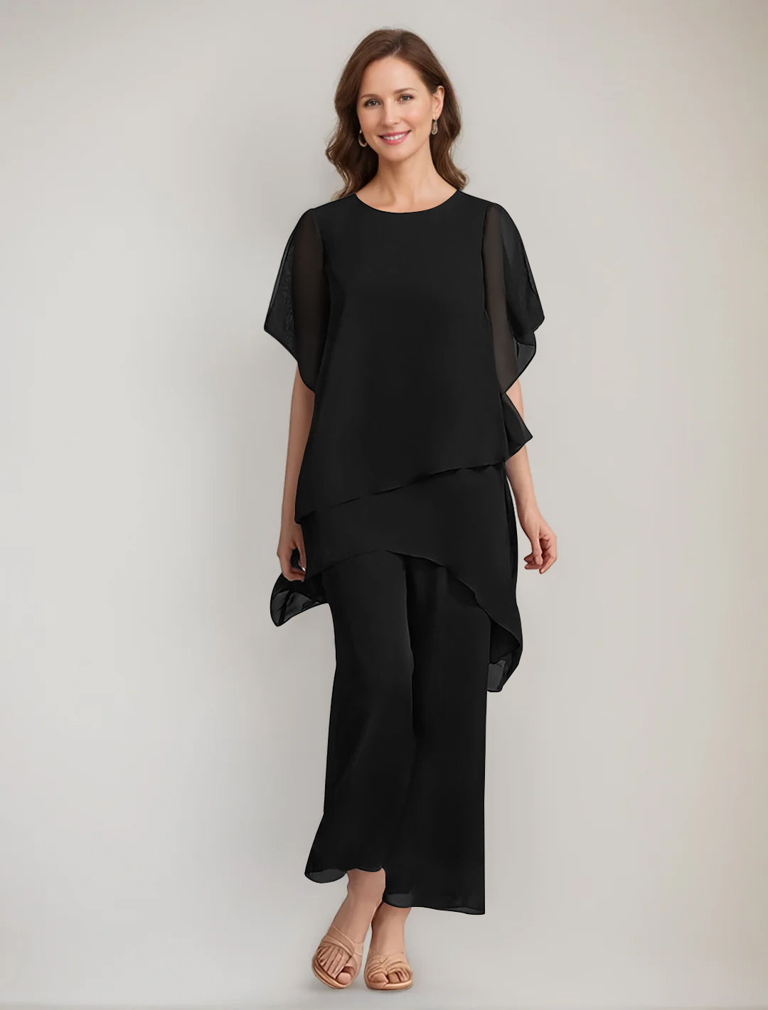 2 Pieces Scoop 1/2 Sleeves Ankle-Length Asymmetrical Mother Of The Bride Pantsuits With Button