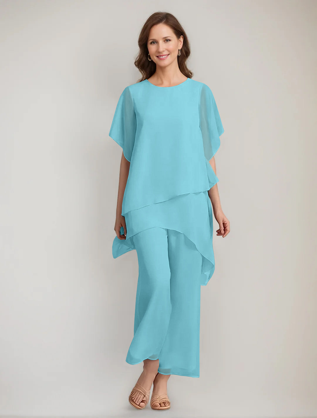 2 Pieces Scoop 1/2 Sleeves Ankle-Length Asymmetrical Mother Of The Bride Pantsuits With Button